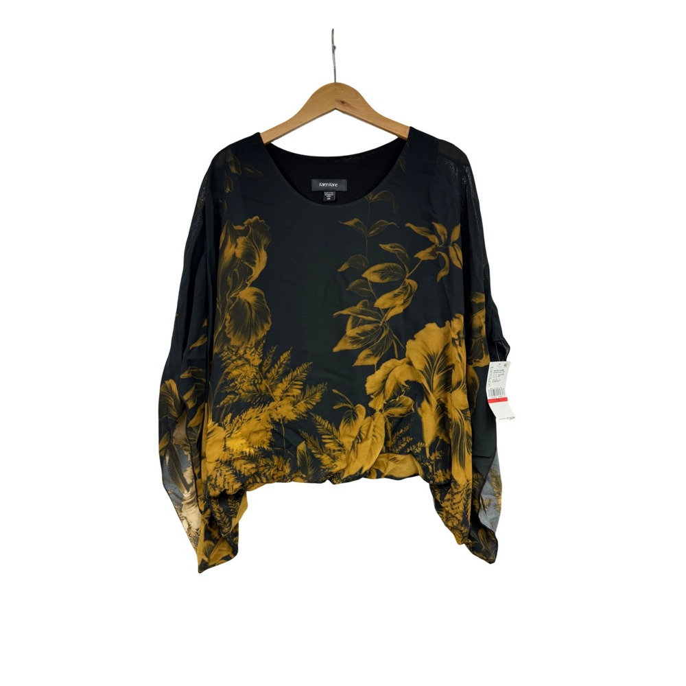 Karen Kane Rustic Charm Blouson Scarf Top XS Black Gold Floral NWT